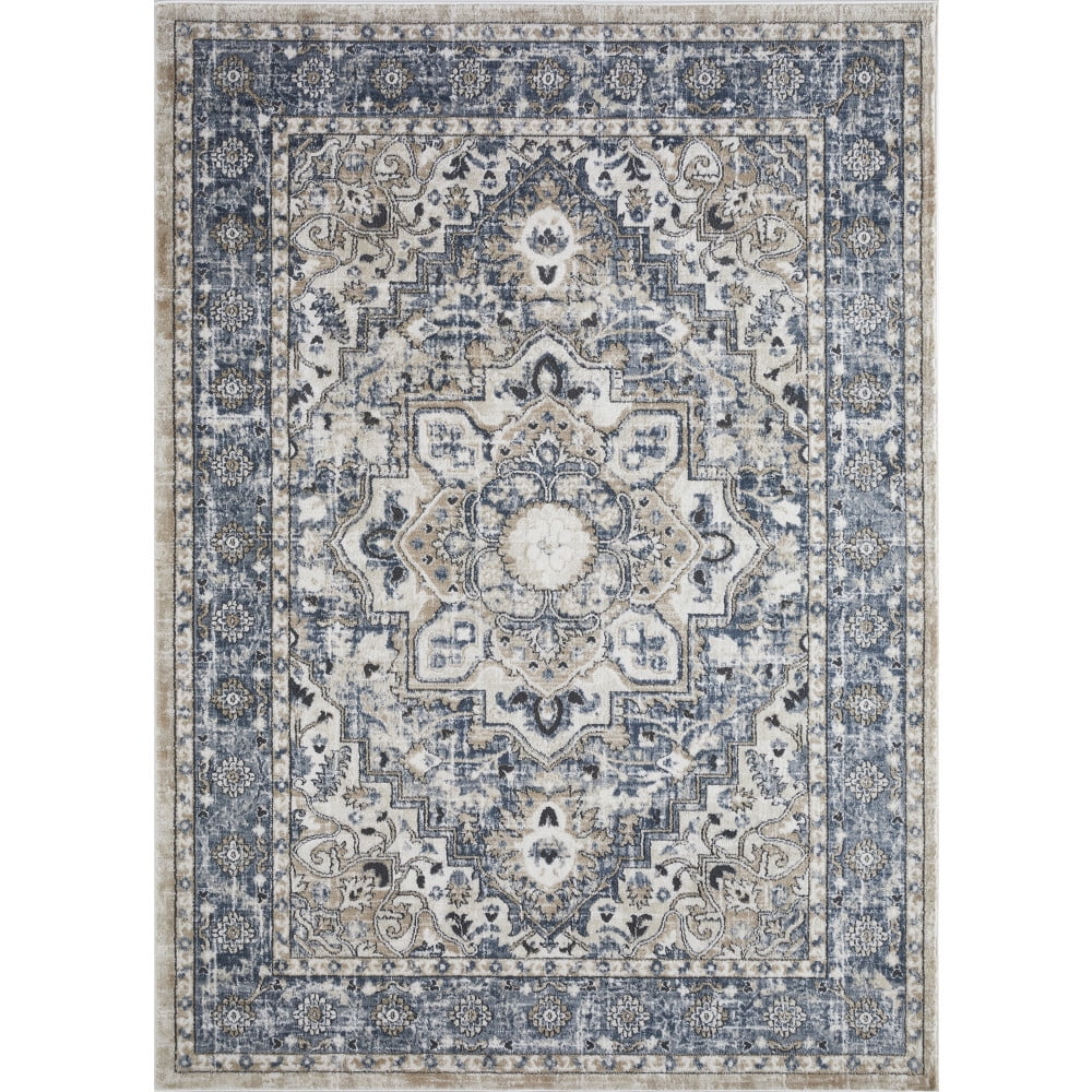 Avalie 6'7" x 9'2" Blue and Beige Oriental Synthetic Area Rug