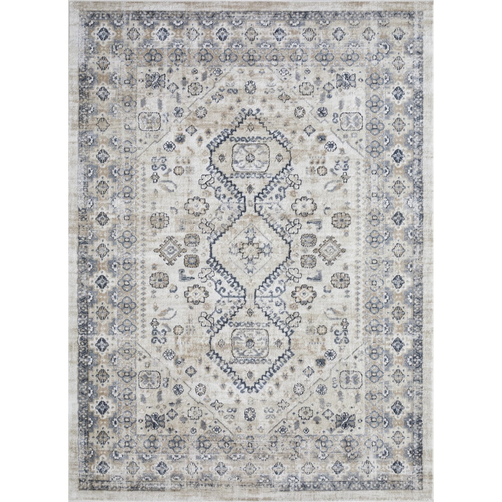Cream and Blue Medallion Synthetic 8' x 10' Area Rug