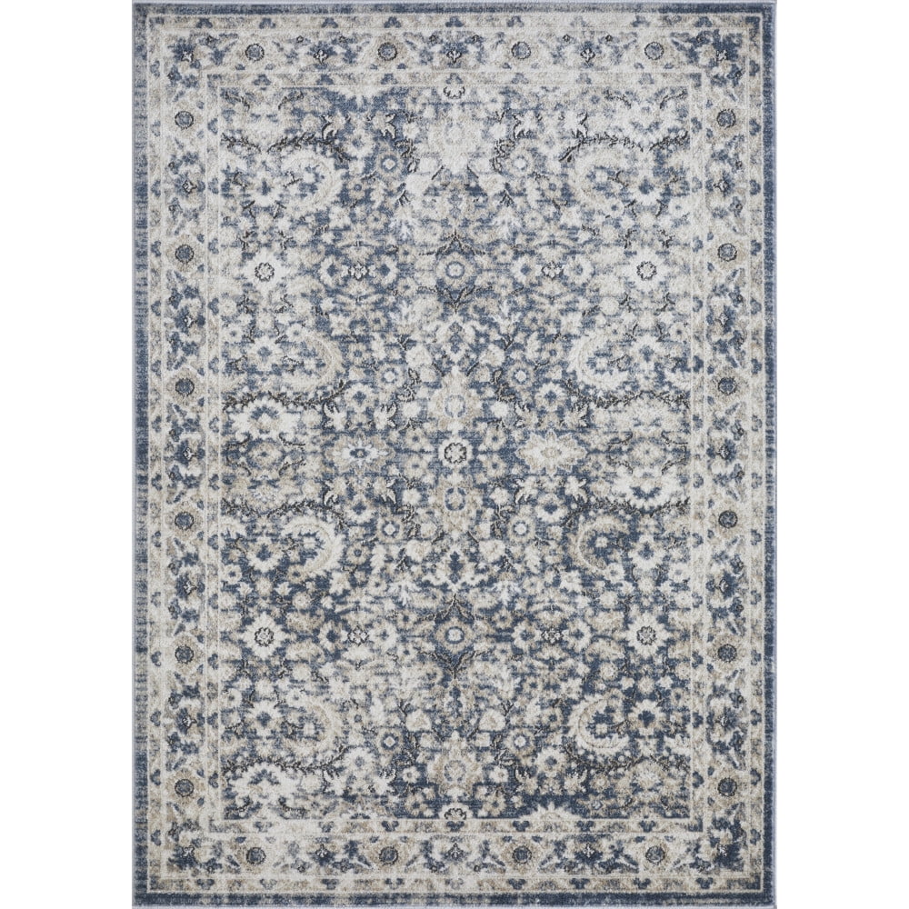 Navy and Creme Rectangular Oriental Synthetic Rug