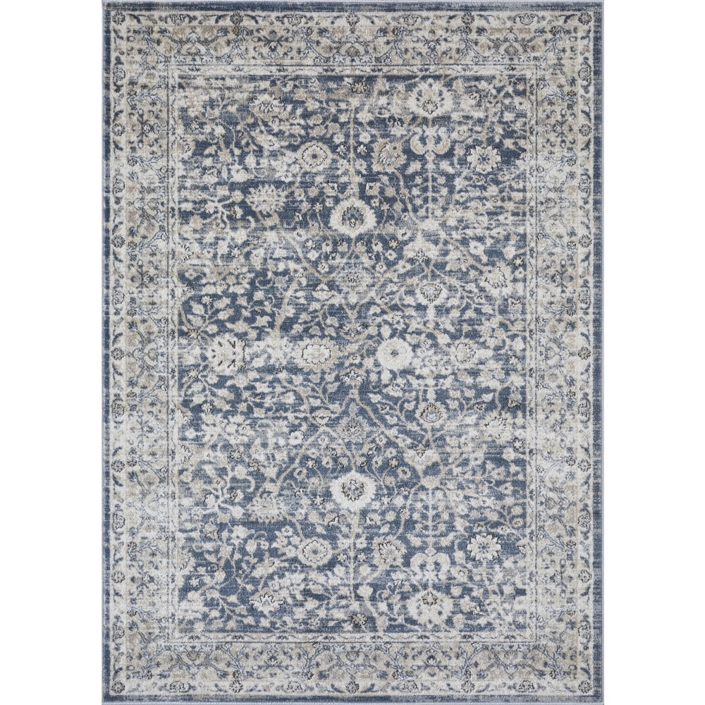 Blue and Cream Floral Pattern Medium Pile Area Rug