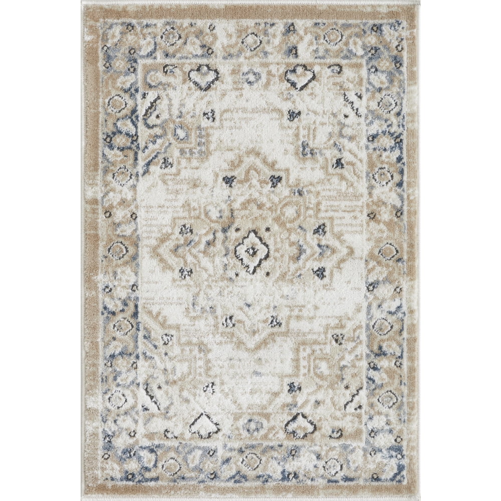 Ivory and Blue Synthetic Oriental Rectangular Rug 2' x 3'