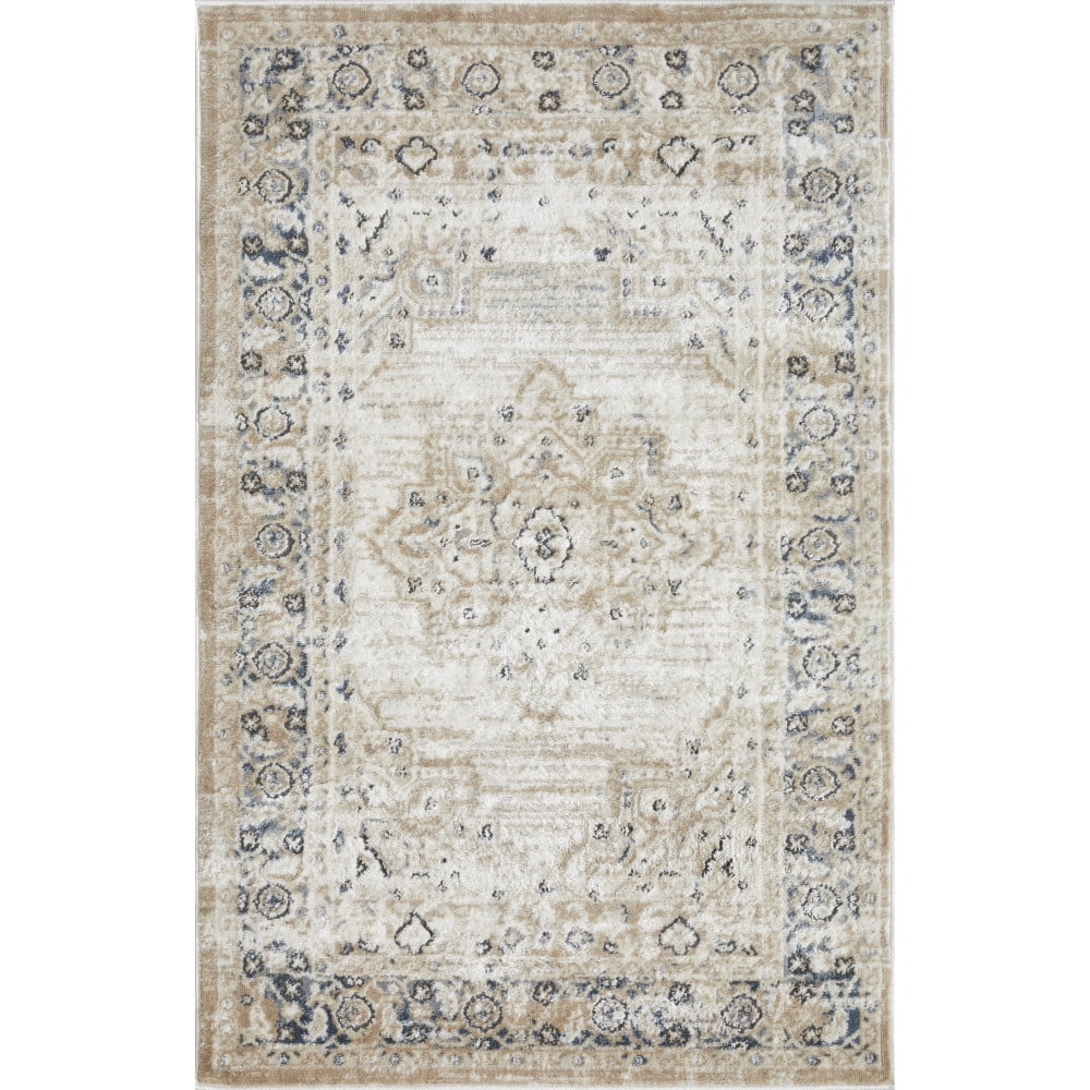 Ivory and Blue Synthetic Stain-Resistant 3' x 5' Area Rug