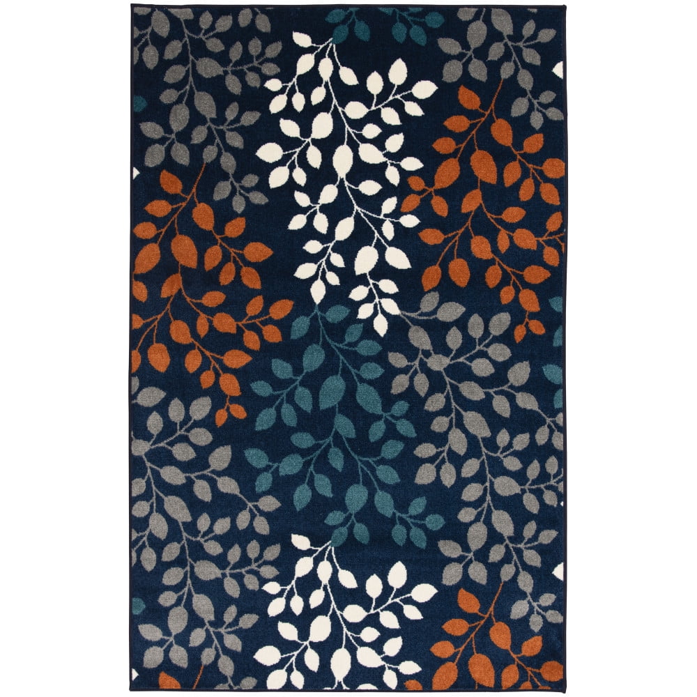 Blue and Gray Floral Synthetic 5' x 7' Area Rug