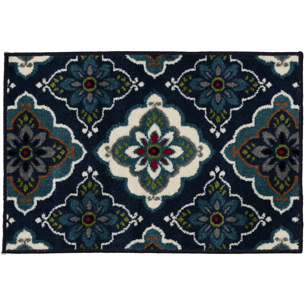Blue and White Floral Synthetic Medium Pile Indoor/Outdoor Rug