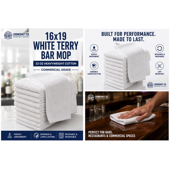 Loomcraft Co White Terry Bar Mop Towels, 16 x 19 in, 32 oz per Dozen, Commercial Kitchen & Restaurant Cleaning Towels, 24 Count
