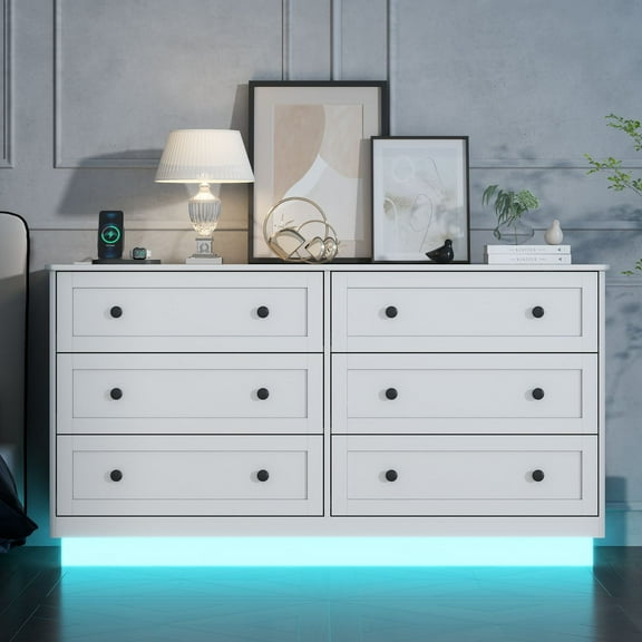 Loomie 6 Drawer Dresser, Modern White Drawer Chests with Power Outlet and Led Light, Wide Chest of Drawers for Storage and Organization for Bedroom, Living Room, Entryway