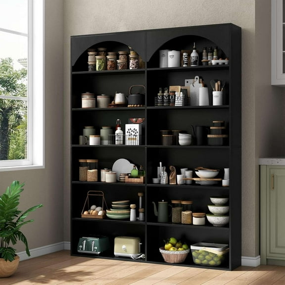 Loomie 70.8" Modern 7-Tier Statement Bookcase – Double-Wide Curved Baffle Shelf System with Open Display Design for Living Room & Home Office (Matte Black)