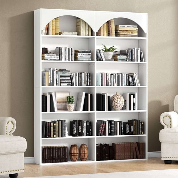 Loomie 70.8" Modern 7-Tier Statement Bookcase Double-Wide Curved Baffle Shelf System with Open Display Design for Living Room & Home Office (White)