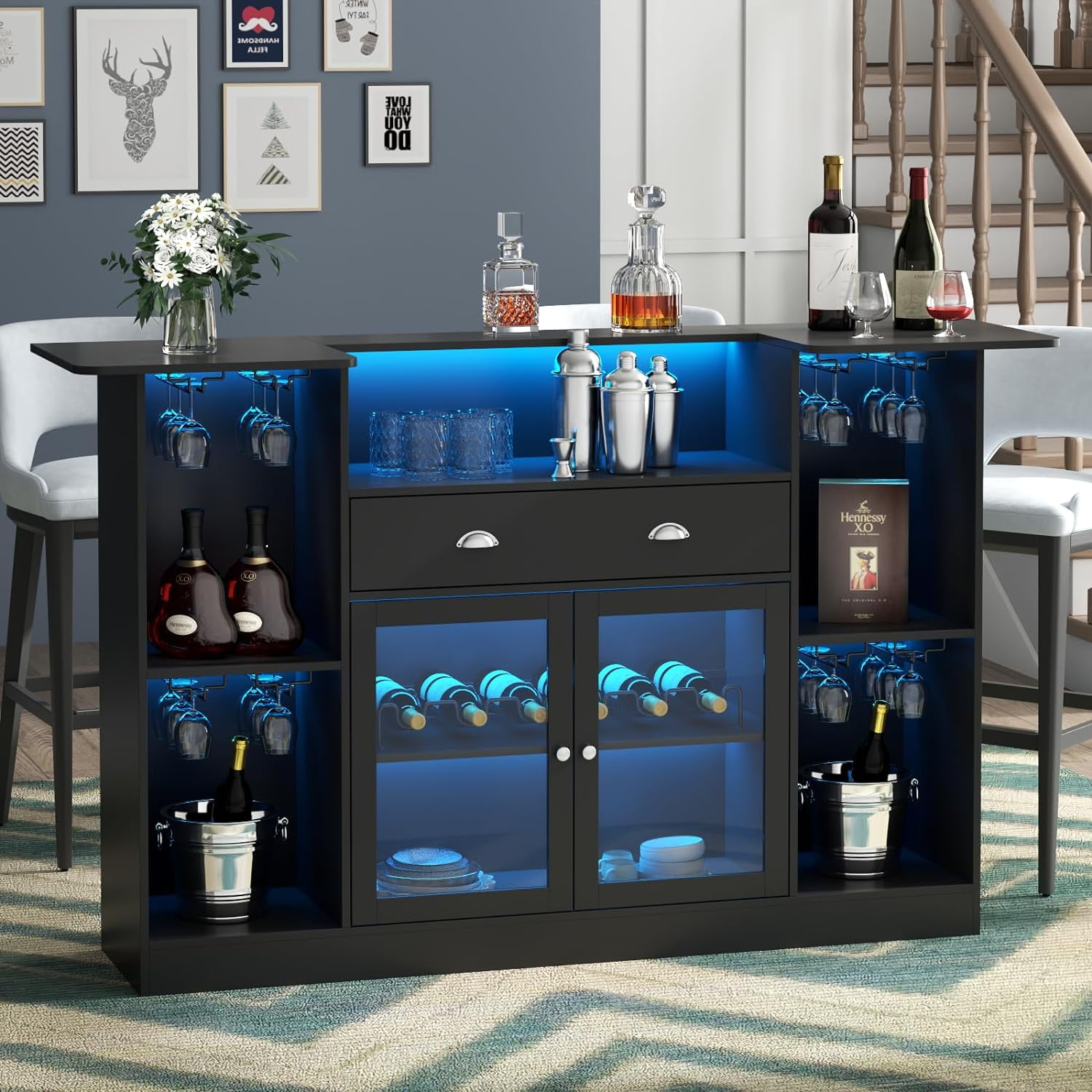 Loomie Bar Table with LED & Drawer, Mini Liquor Bar with 8Tier