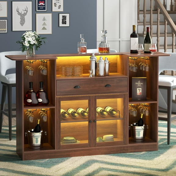 Loomie Bar Table Cabinet with LED & Drawer, Mini Liquor Bar with 8-Tier Storage & Stemware Holder, Wine Alcohol Bar Stand with Glass Door & Adjustable Wine Rack, Crescent Shaped Counter for Home Pub