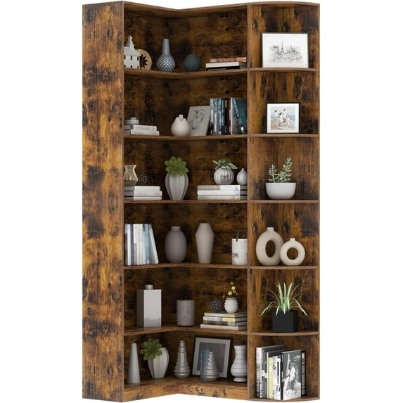 Loomie Bookshelves, 6 Tiers Shelf Large Tall Corner Etagere Bookcase with Full Baffle, L-Shaped Modern Storage Display Industrial Book Shelf for Bedroom, Home Office, Living Room & Kitchen