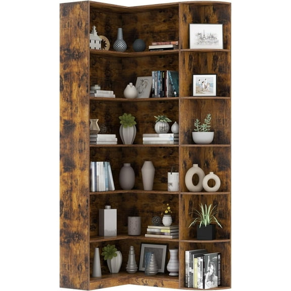 Loomie Bookshelves, 6 Tiers Shelf Large Tall Corner Etagere Bookcase with Full Baffle, L-Shaped Modern Storage Display Industrial Book Shelf for Bedroom, Home Office, Living Room & Kitchen