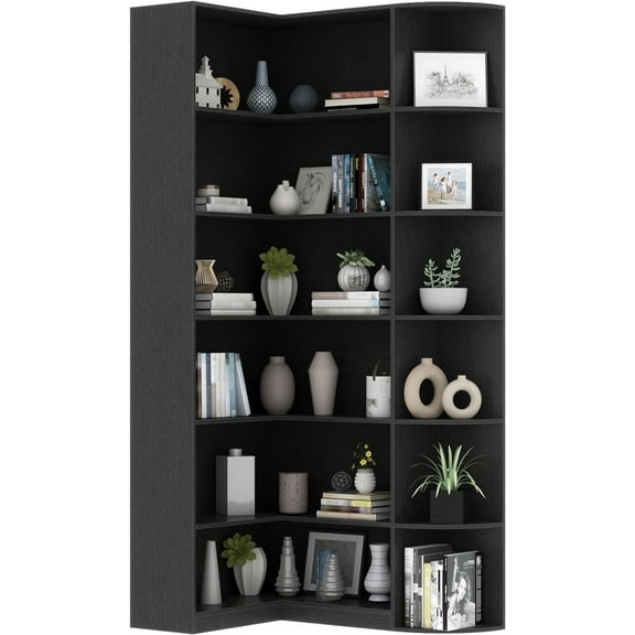 Loomie Bookshelves, 6 Tiers Shelf Large Tall Corner Etagere Bookcase with Full Baffle, L-Shaped Modern Storage Display Industrial Book Shelf for Bedroom, Home Office, Living Room & Kitchen
