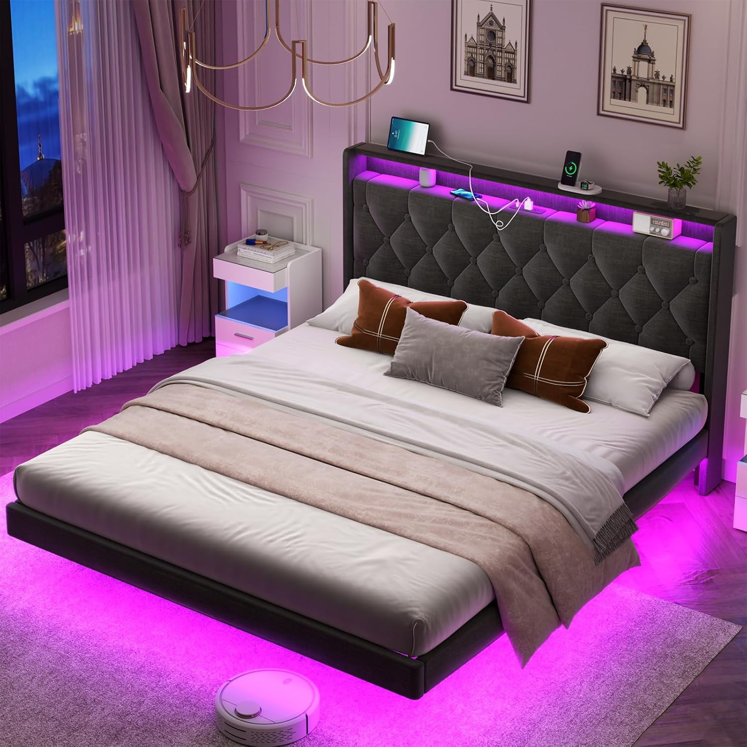 Loomie Full Lift Up Bed Frame with Charging Station & LED Lights ...