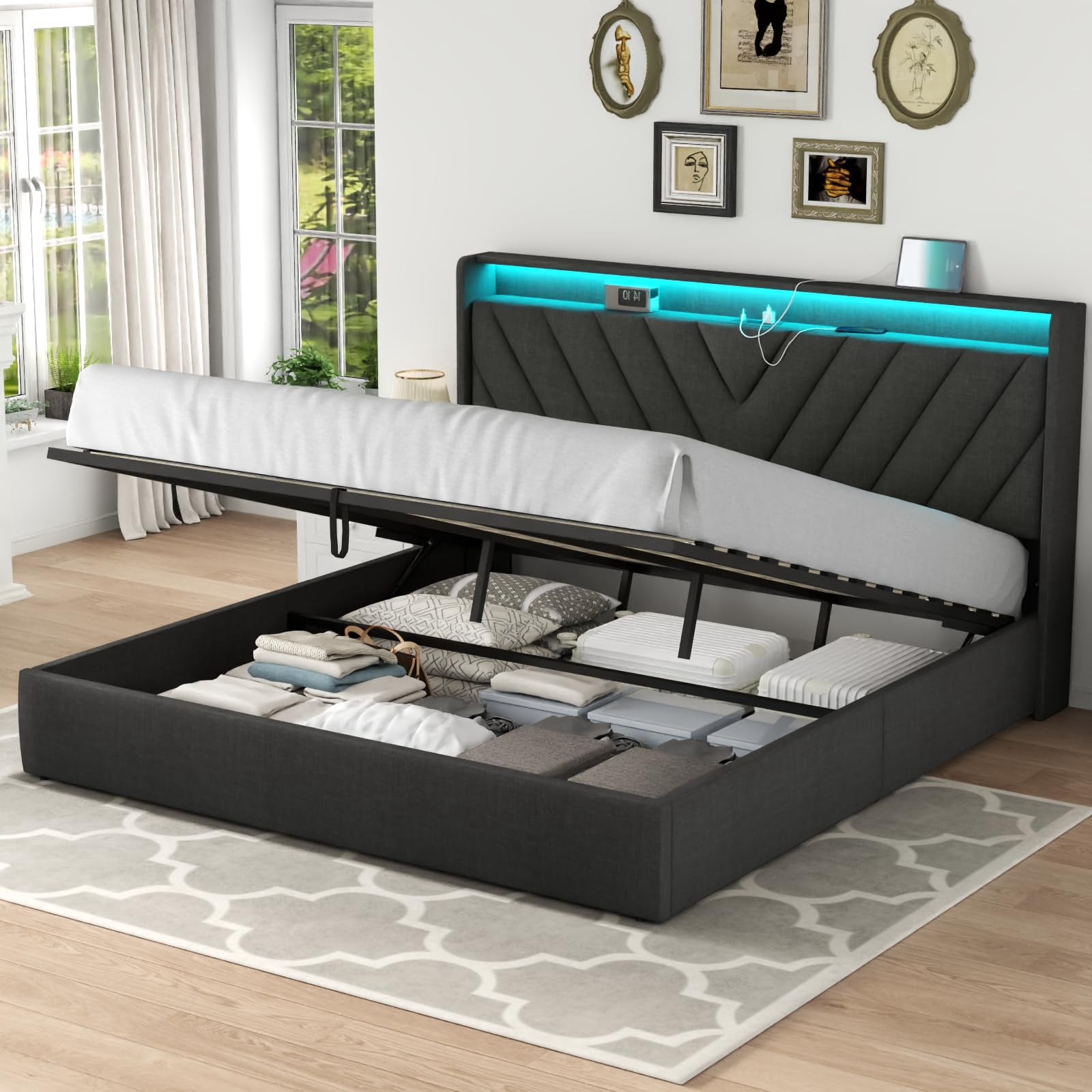 Loomie King Lift Up Bed Frame with Charging Station & LED Lights ...