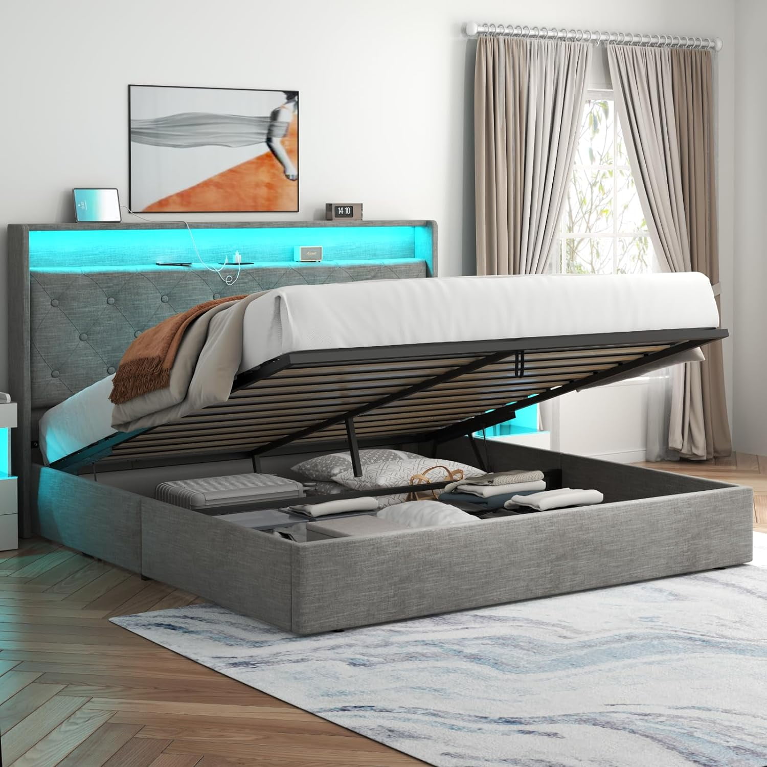 Loomie Queen Lift Up Bed Frame with Charging Station & LED Lights ...