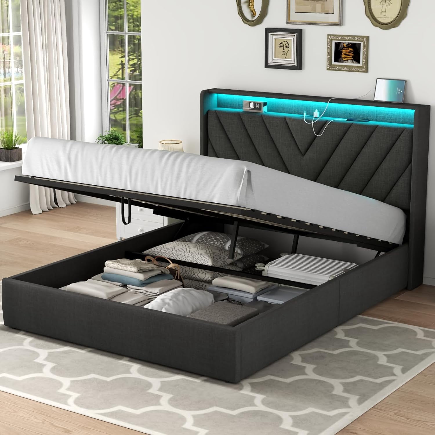 Loomie Queen Lift Up Bed Frame with Charging Station & LED Lights ...