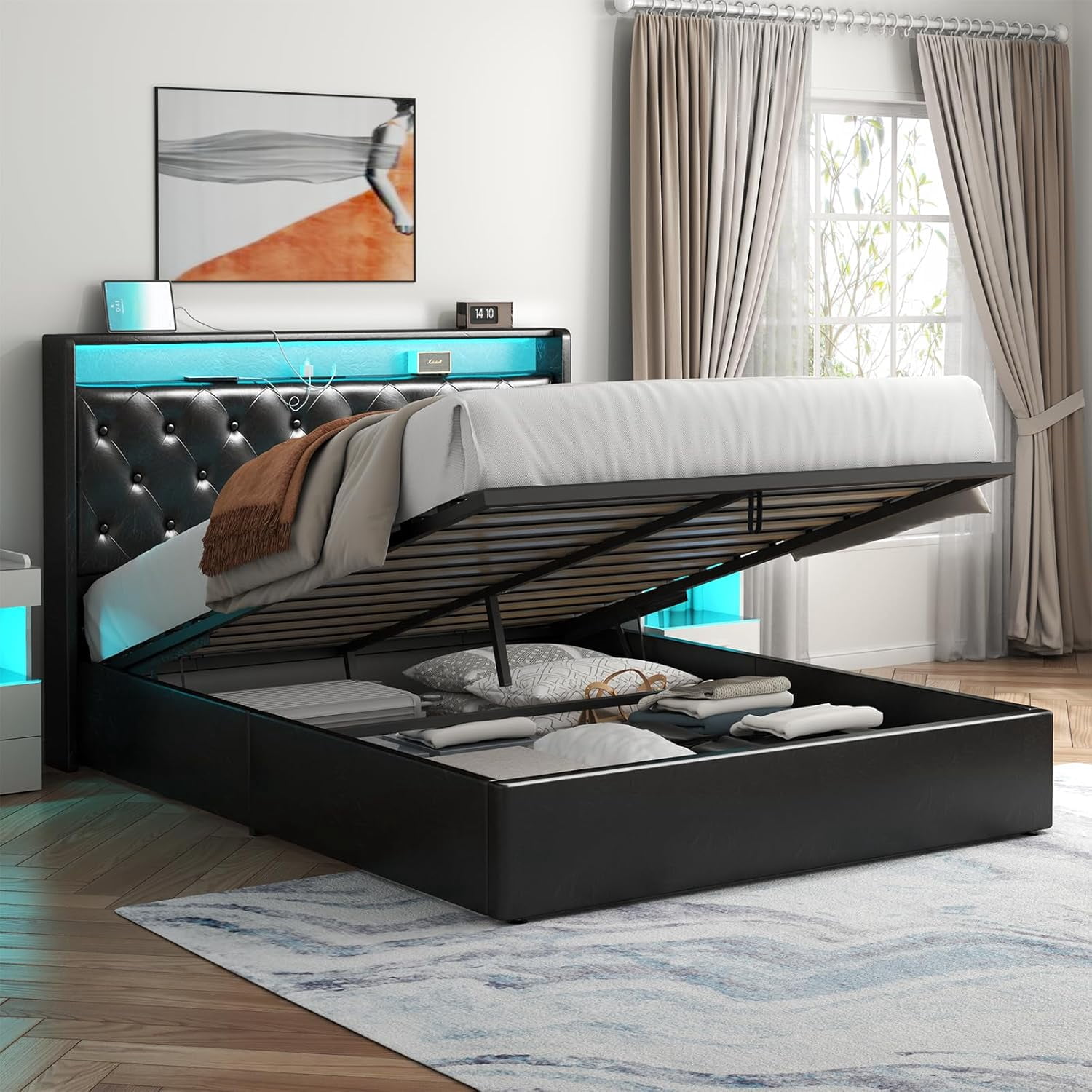Loomie Queen Lift Up Bed Frame with Charging Station&LED Lights,Leather ...