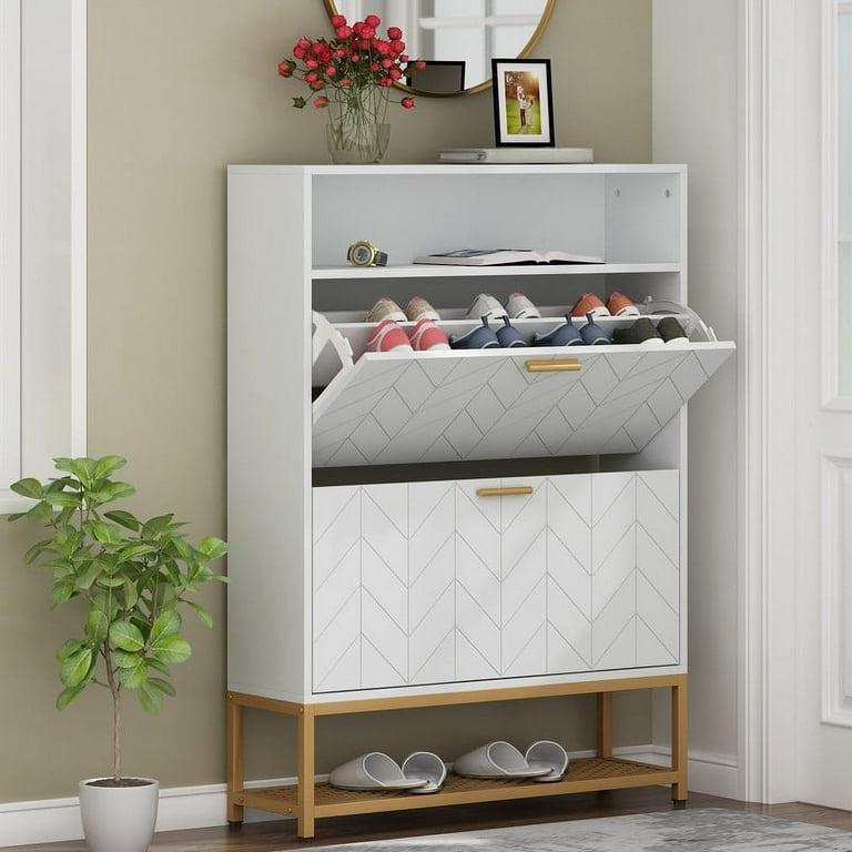 Auromie Tipping Bucket Shoe Storage Cabinet with 2 Flip Drawers, Modern  Entryway Shoe Rack with Storage Top Cubby, Narrow Slim Hidden Organizer  with