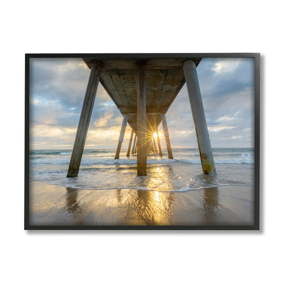 Looming Pier Beach Waves Coastal Photograph Black Framed Art Print Wall Art