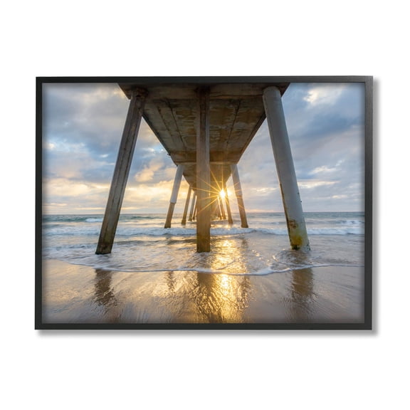 Looming Pier Beach Waves Coastal Photograph Black Framed Art Print Wall Art