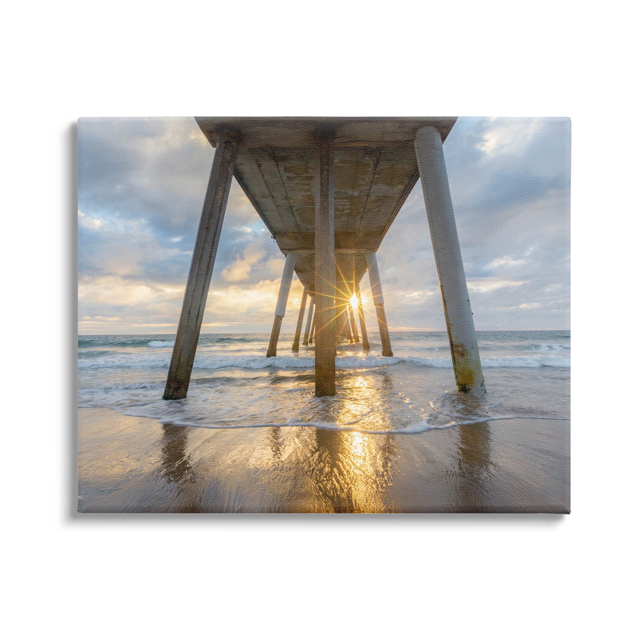 Looming Pier Beach Waves Coastal Photograph Gallery Wrapped Canvas Print Wall Art