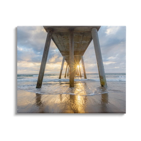 Looming Pier Beach Waves Coastal Photograph Gallery Wrapped Canvas Print Wall Art