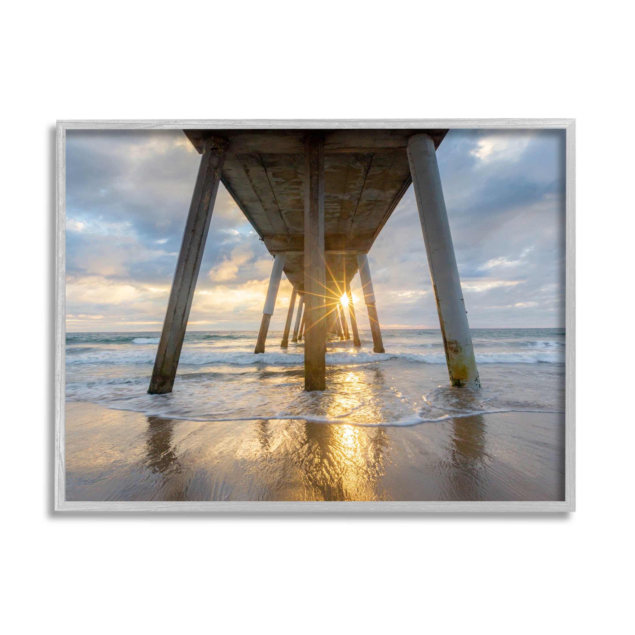 Looming Pier Beach Waves Coastal Photograph Gray Framed Art Print Wall Art