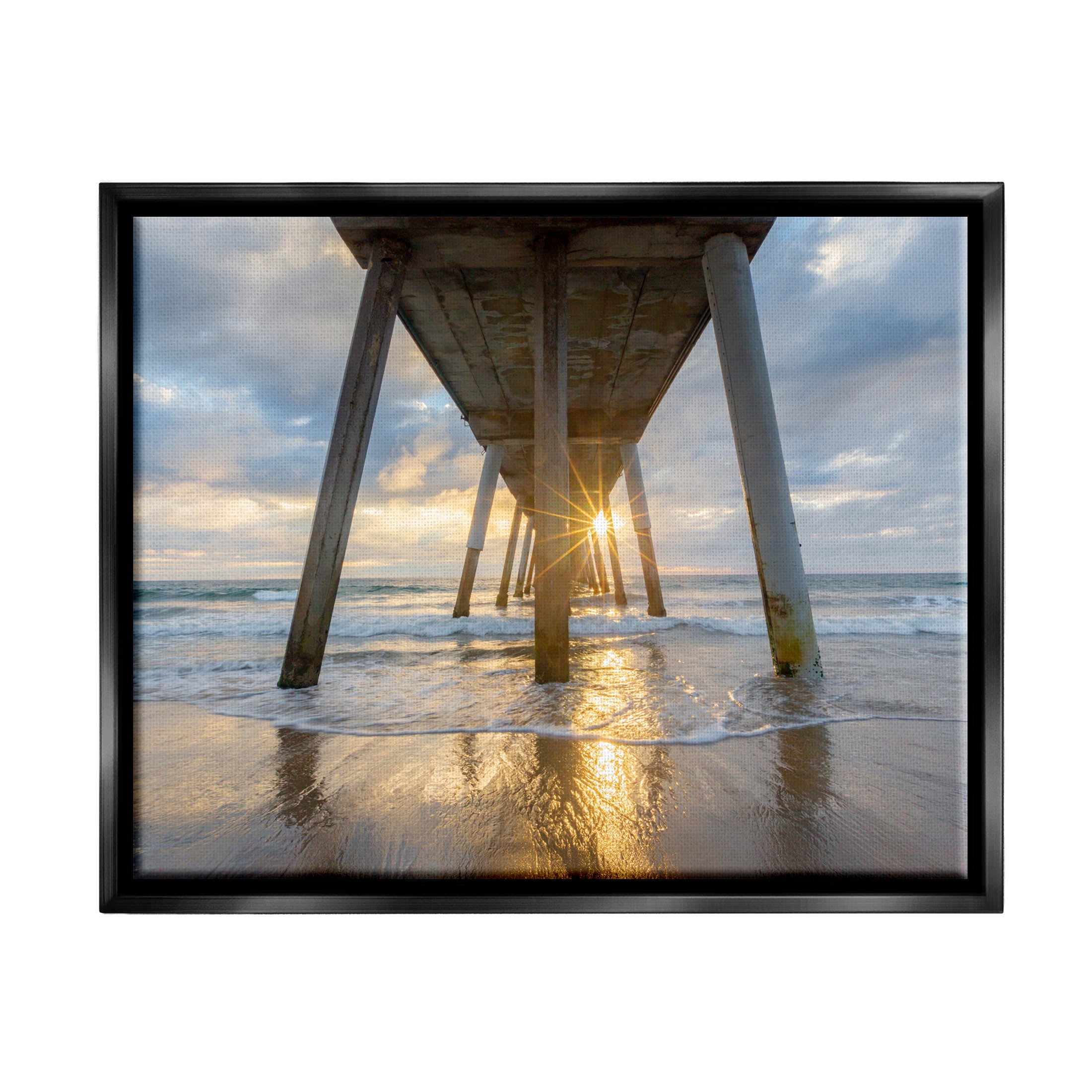 Looming Pier Beach Waves Coastal Photograph Jet Black Framed Art Print Wall Art