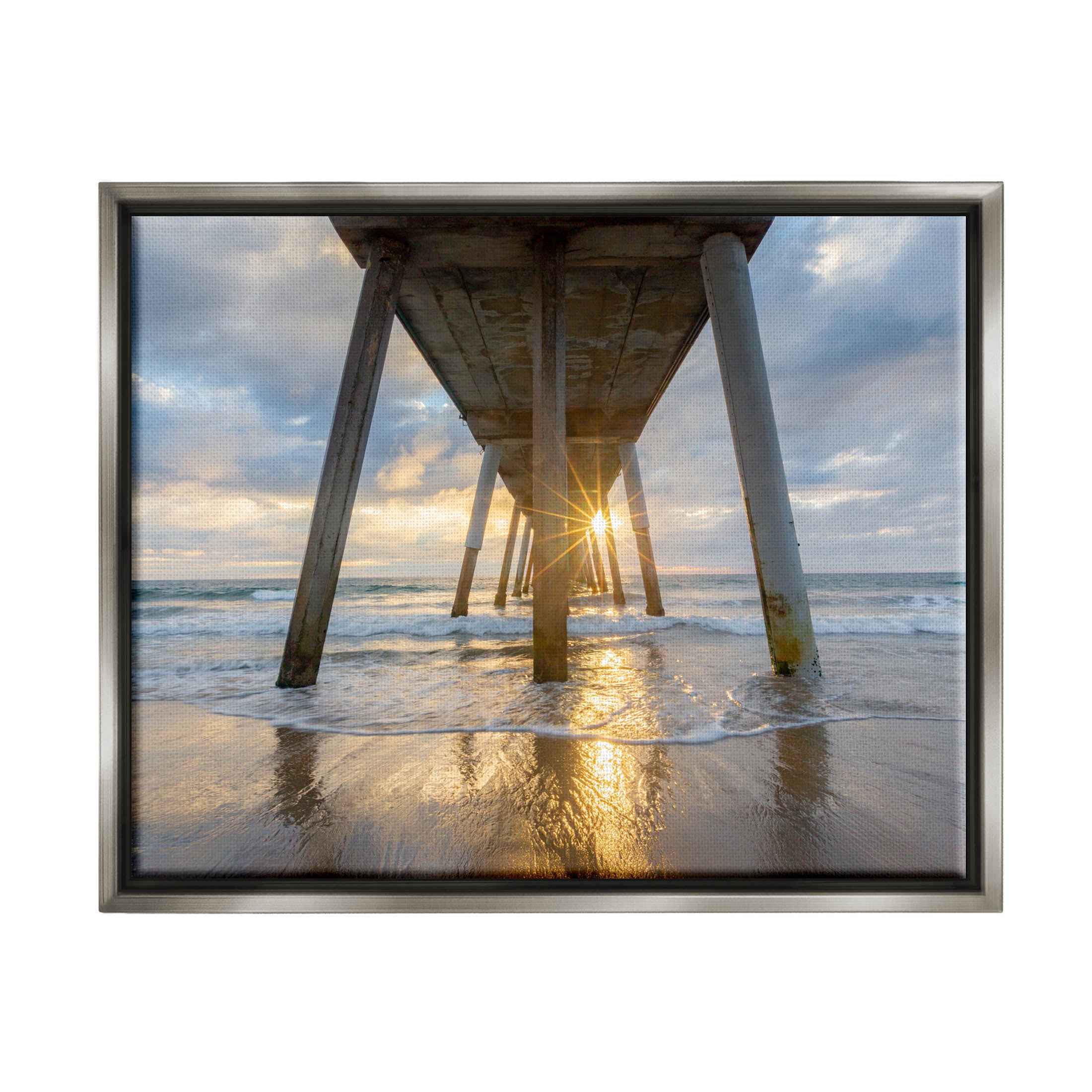 Looming Pier Beach Waves Coastal Photograph Luster Gray Framed Art Print Wall Art