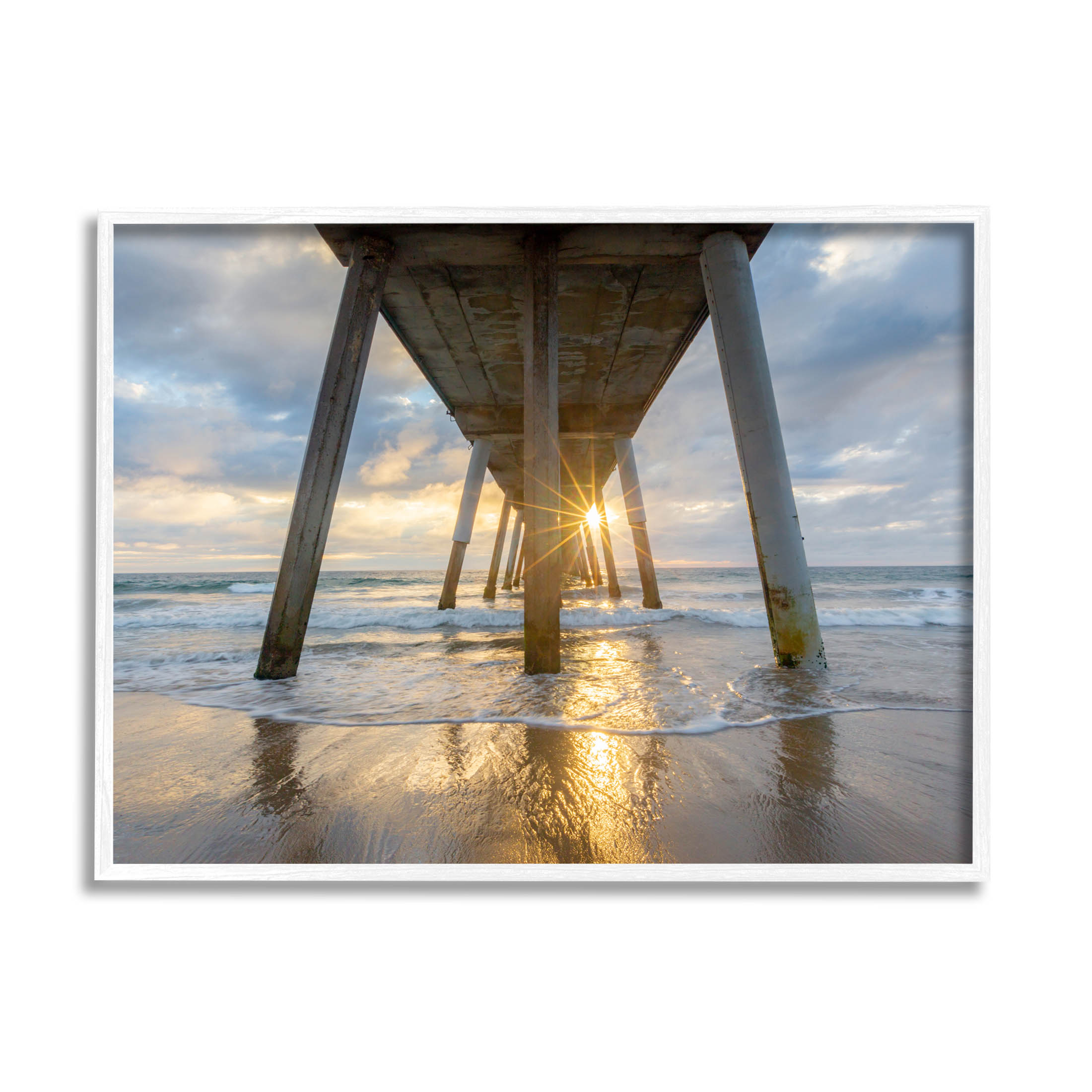 Looming Pier Beach Waves Coastal Photograph White Framed Art Print Wall Art