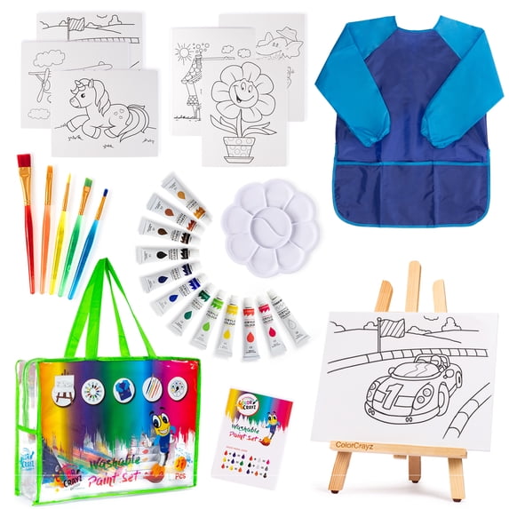 Loomini 27 Pc Kids Paint Set: Canvas, Tabletop Easel, Brushes - Ages 8-12