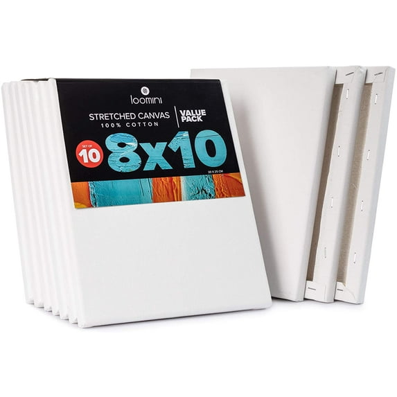 Loomini 8x10 Canvas Boards - 10 Pack, 100% Cotton Pre-Primed Stretch, for Acrylic and Oil Paint
