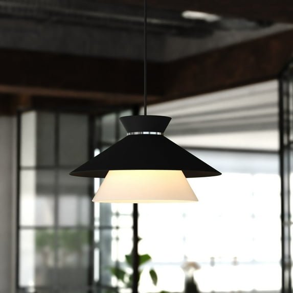 Loomis 1-Light 15.25 in. Wide Matte Black Mid-Century Modern Cone Pendant with White Frosted Opal Glass Shade, Adjustable Height, Hanging Ceiling Fixture for Dining Table Entryway Bedroom Island Foyer