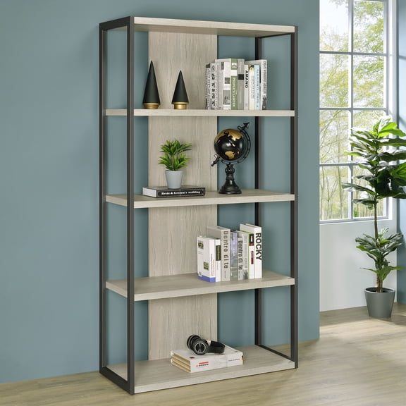 Loomis Whitewashed Grey 4-Shelf Bookshelf | Simple white-washed finish, tall open frame, modern storage for living or office