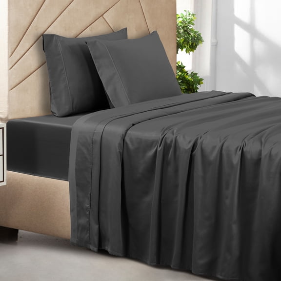 Loomsnest 100% Long Staple Cotton 400 Thread Count Sateen Sheet Set, Wrinkle Resistant, Deep Pocket, Fits up to 18", Full, Dark Gray