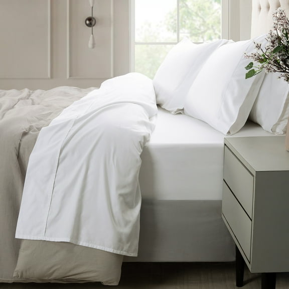 Loomsnest 4 Piece Full Size Bed Sheet Set, 400 TC Sateen Wrinkle Resistant, 100% Cotton Sheets, White