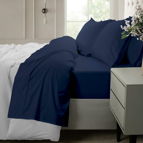 Loomsnest 4 Piece King Size Sheets Set, 400 TC Sateen Wrinkle Resistant, 100% Cotton Sheets, Navy