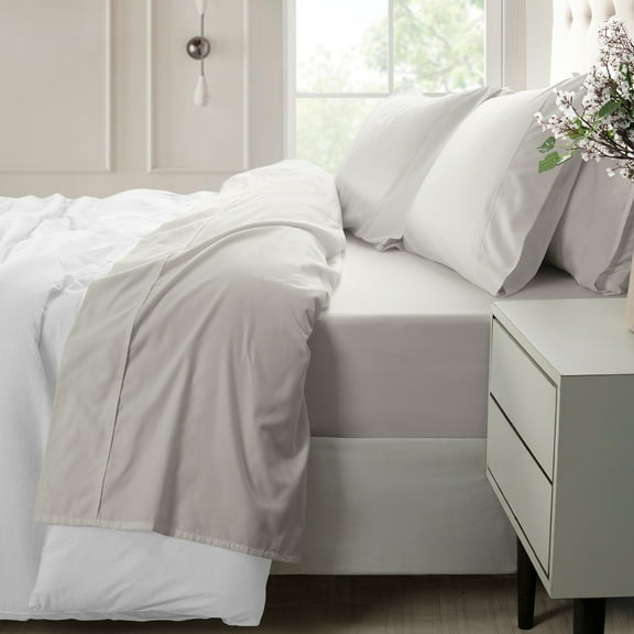 Loomsnest 4 Piece King Size Sheets Set, 400 TC Sateen Wrinkle Resistant, 100% Cotton Sheets, Light Gray