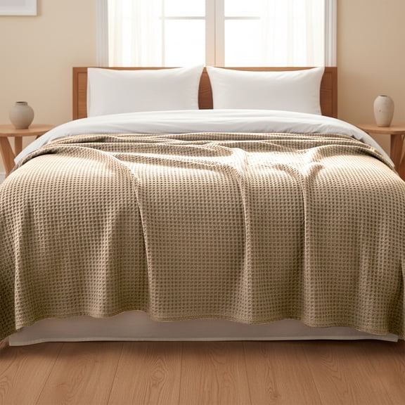 Loomsnest Ultra Soft Khaki King Waffle Blanket, 100% Cotton Blanket for Bed, Sofa & Couch, Waffle Weave All Season Throw for Hot Sleeper, Lightweight & Breathable, 108" x 90"
