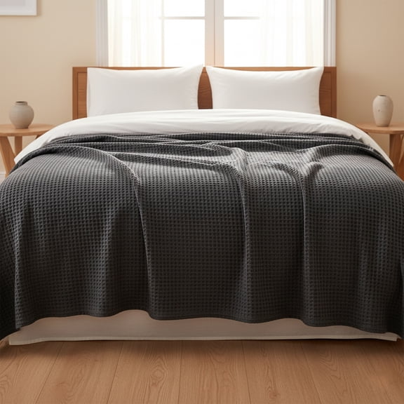 Loomsnest Ultra Soft Dark Gray Queen Waffle Blanket, 100% Cotton Blanket for Bed, Sofa & Couch, Waffle Weave All Season Throw for Hot Sleeper, Lightweight & Breathable, 90" x 90"