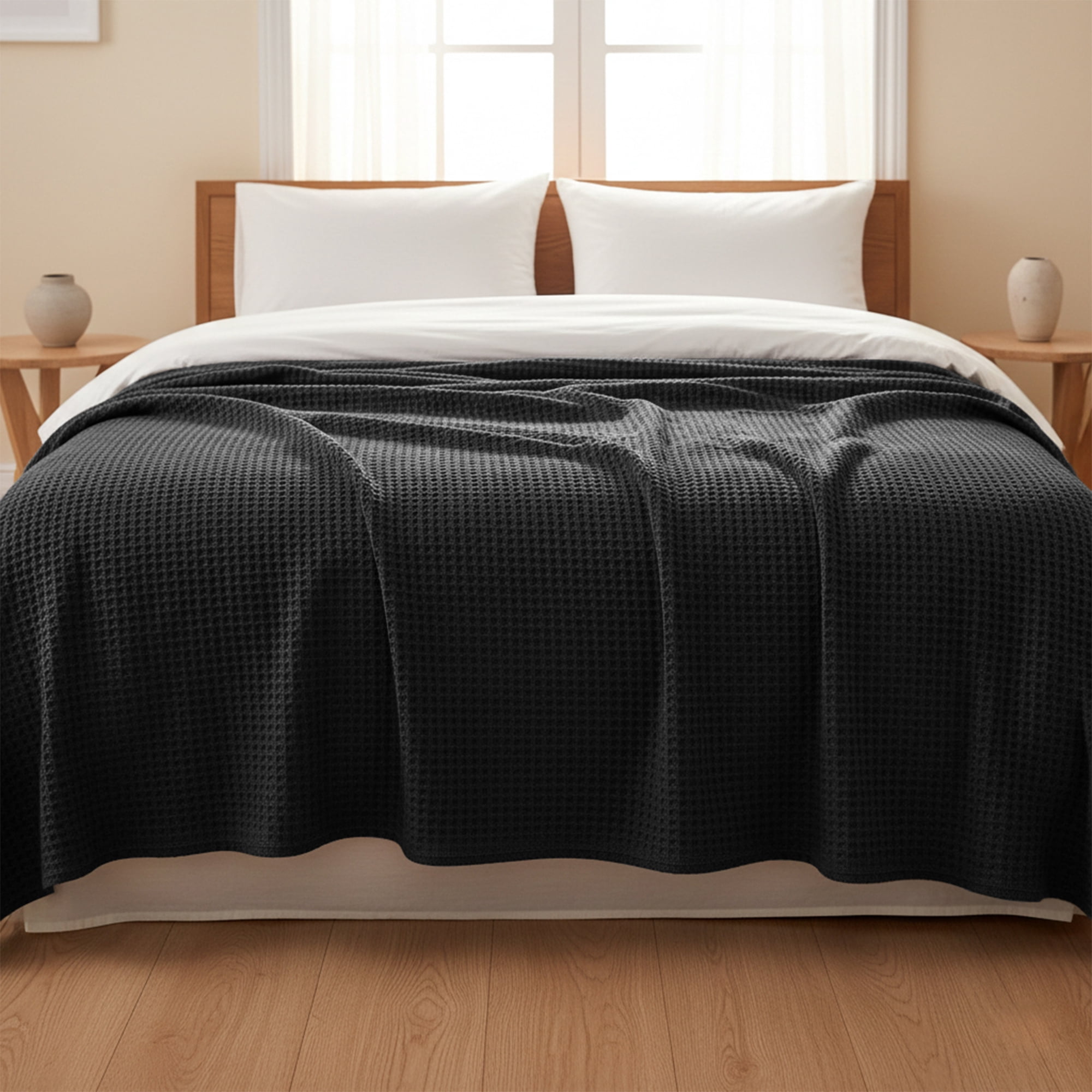 Loomsnest Ultra Soft Black Twin Waffle Blanket, 100% Cotton Blanket for Bed, Sofa & Couch, Waffle Weave All Season Throw for Hot Sleeper, Lightweight & Breathable, 60" x 90"
