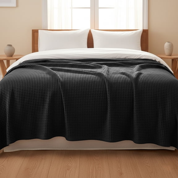Loomsnest Ultra Soft Black Twin Waffle Blanket, 100% Cotton Blanket for Bed, Sofa & Couch, Waffle Weave All Season Throw for Hot Sleeper, Lightweight & Breathable, 60" x 90"