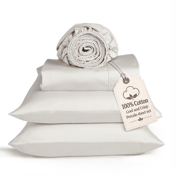 Loomsnest 4 Piece Queen Sheet Set, Cool & Crisp Percale, 100% Cotton Sheets, Deep Pockets, Light Gray