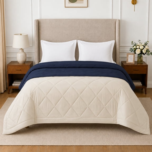 Loomsnest Diamond Quilted Comforter Full/Queen Duvet Insert, All Season, Soft, Lightweight, Down Alternative Reversible Comforter (Beige & Navy)