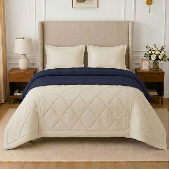 Loomsnest 3-Piece King Size Comforter Set, All Season Duvet Insert, Soft, Lightweight, Diamond Stitched, Reversible Down Alternative Comforter (Beige & Navy)
