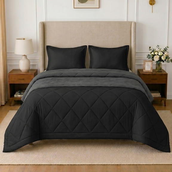 Loomsnest 3-Piece Full/Queen Comforter Set, All Season Duvet Insert, Soft, Lightweight, Diamond Stitched, Reversible Down Alternative Comforter (Black & Dark Gray)