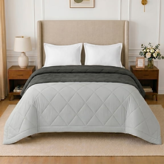 Loomsnest Diamond Quilted Comforter King Size, All Season, Soft, Lightweight, Reversible Down Alternative Duvet Insert (Light Gray & Dark Gray)