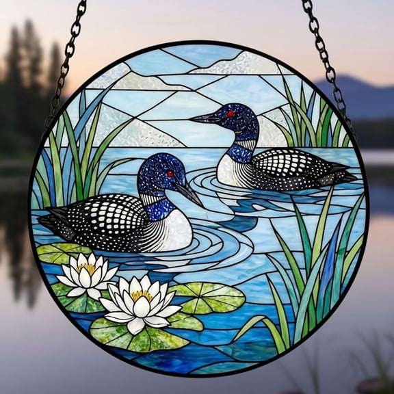 Loon Bird Couple Stained Glass Suncatcher, Nature Lodge Window Hanging, Wildlife Decor, Glass Art Gift For Parents