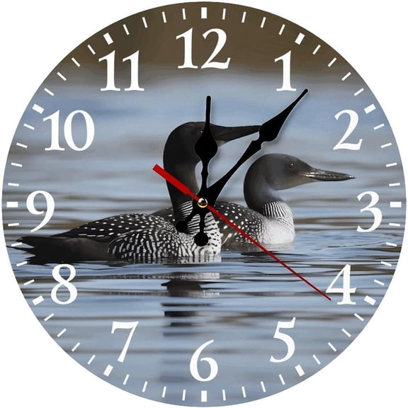 Loon Birds Wall Clock 10 Inch | Round Wooden Decorative Clocks, Battery Operated, Non Ticking Silent Wall Clocks for Living Room Bedroom Office Kitchen Hotel Bathroom Decor